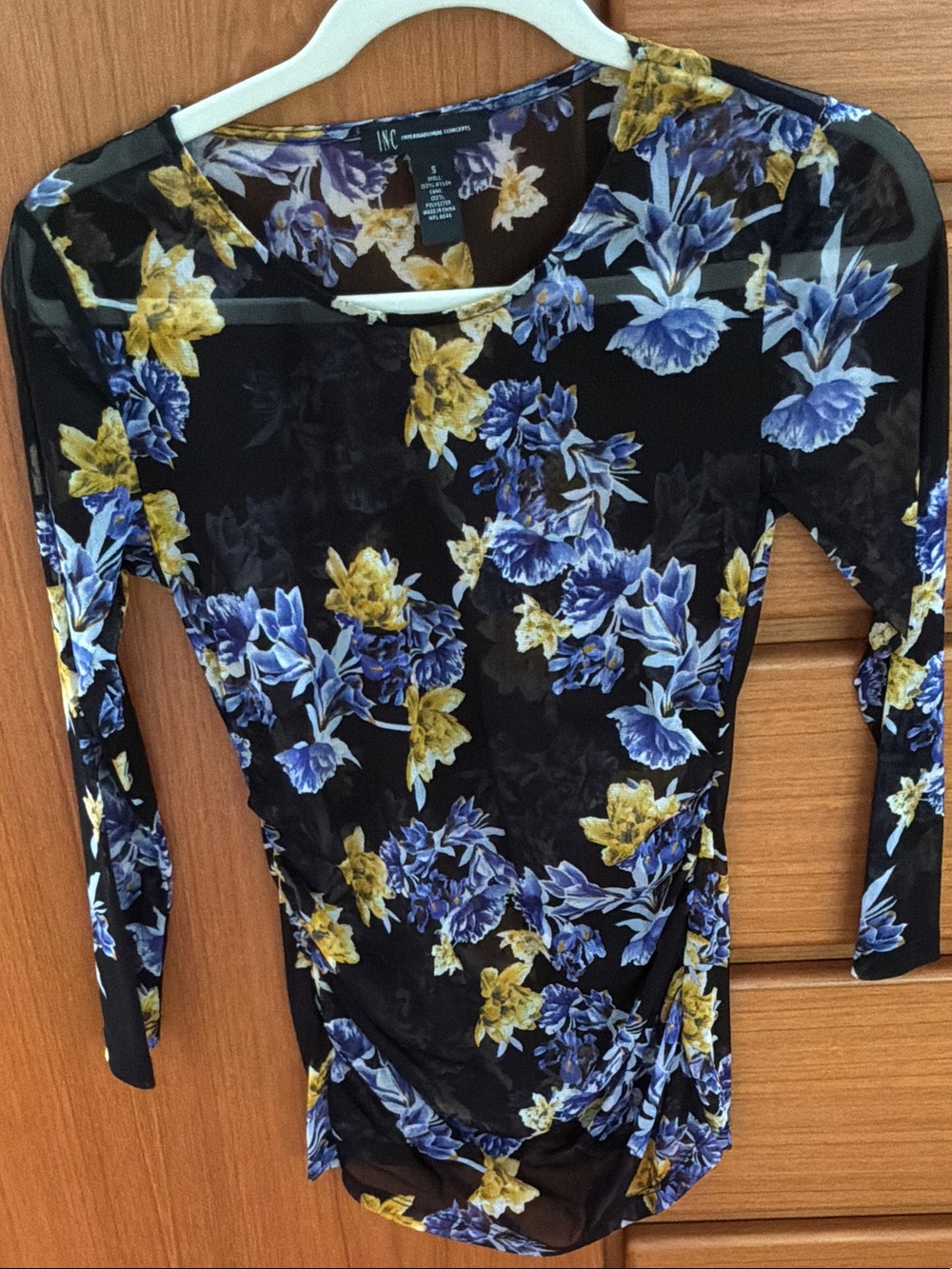INC International Concepts Black Floral Long-Sleeve mesh top